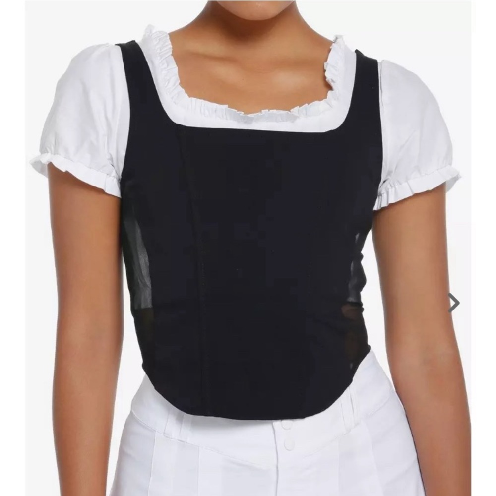 Black Corset Puff-SleeveTwofer Top by Hot Topic Black and White